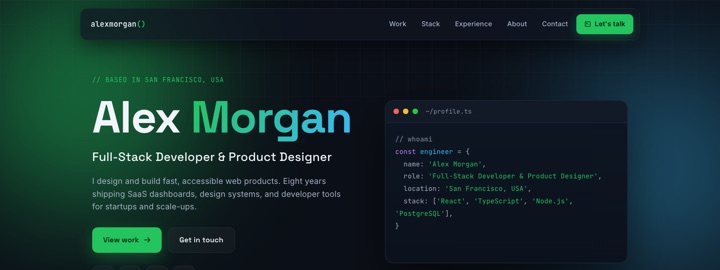 Screenshot of the Quanta portfolio template for Developer