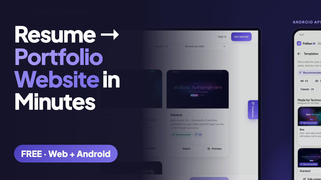 Preview of the Folitox resume-to-portfolio tutorial showing the website and Android app side by side
