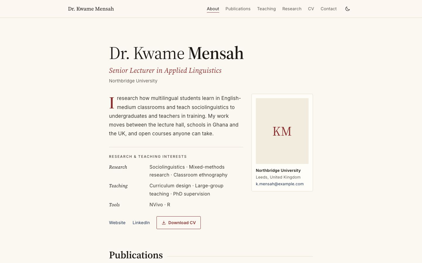 Preview of the Academica portfolio website template