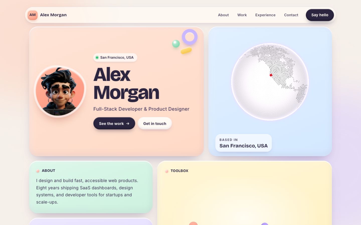 Preview of the Bento 3D portfolio website template