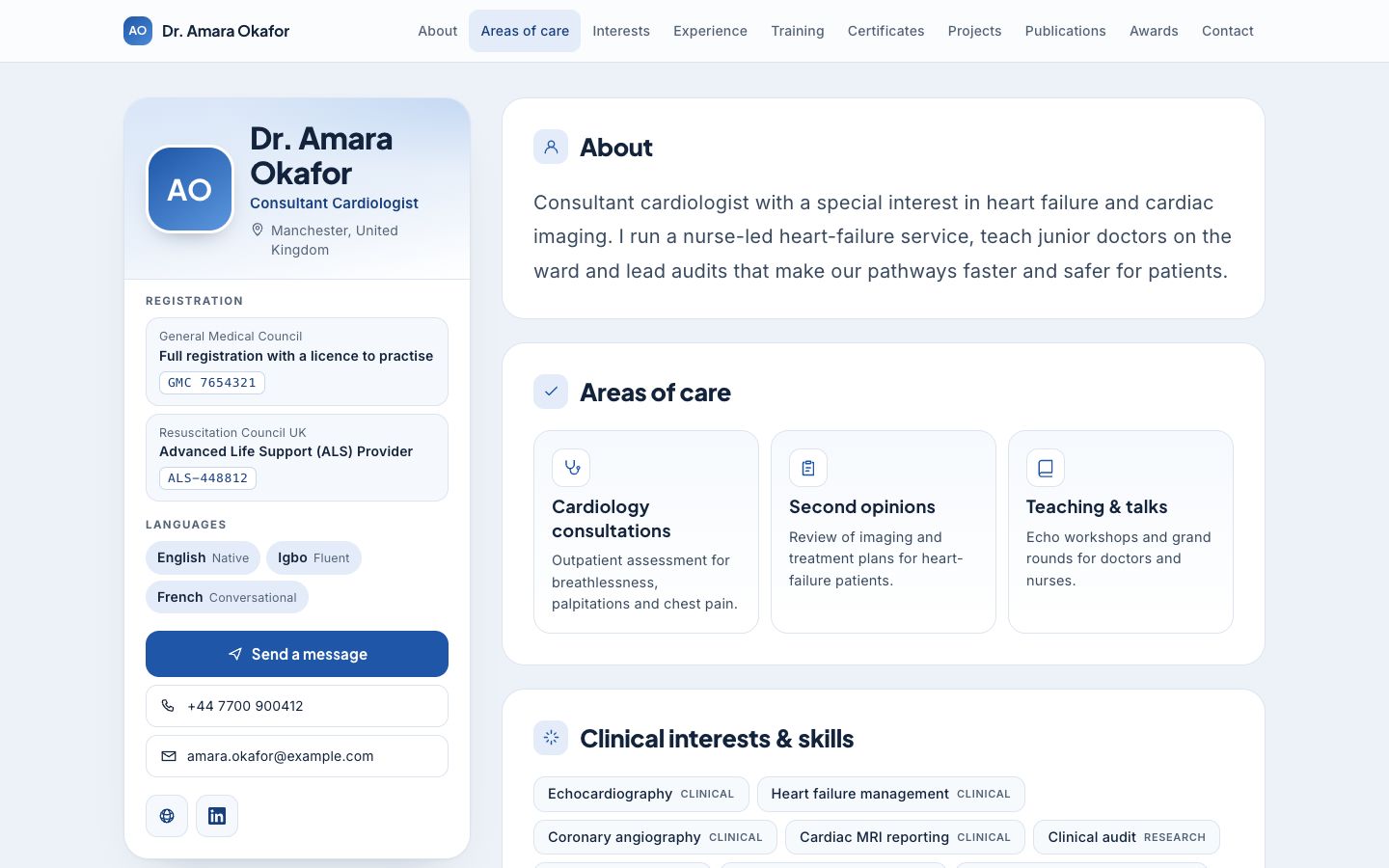 Preview of the Clinic Card portfolio website template