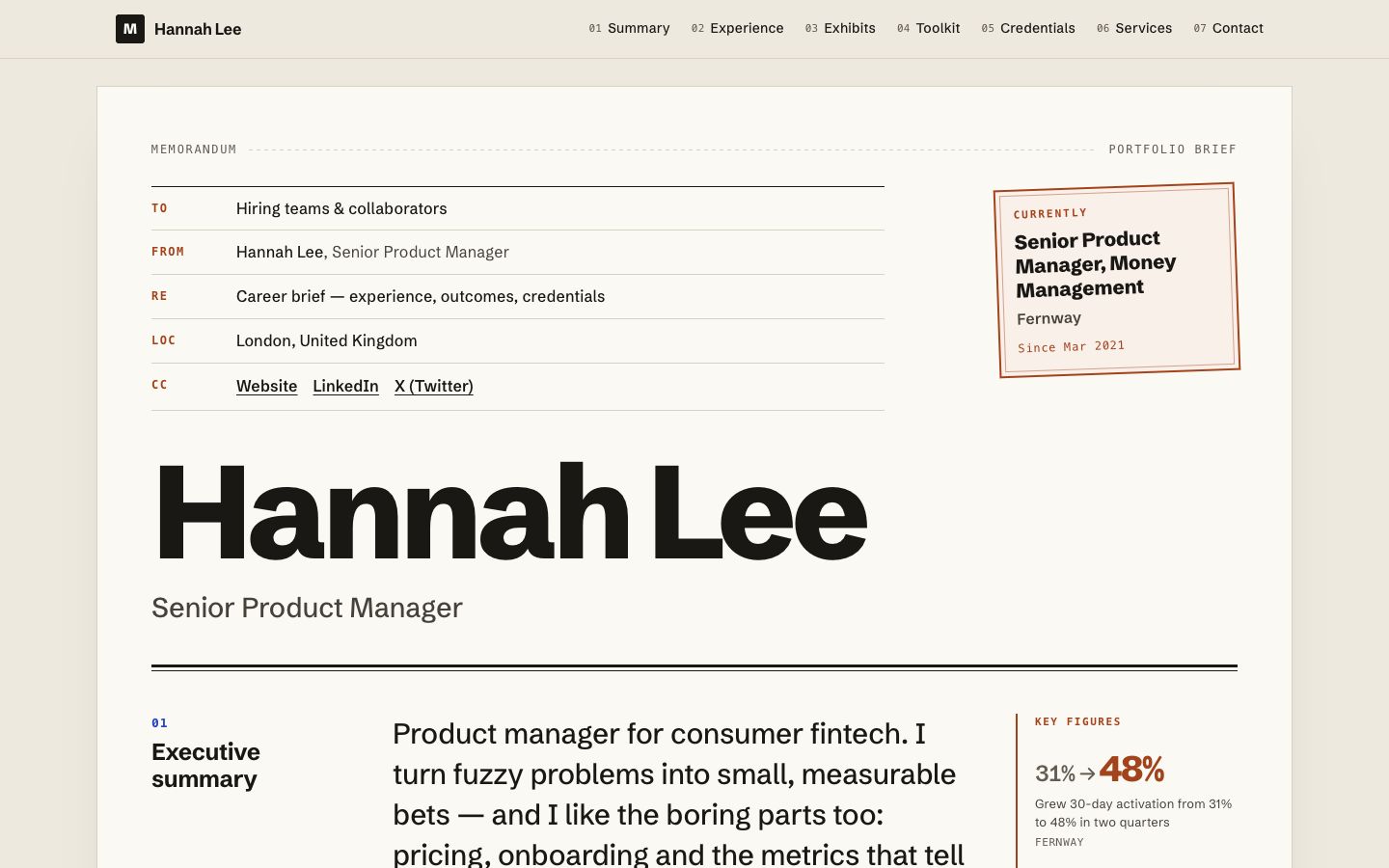 Preview of the Memo portfolio website template